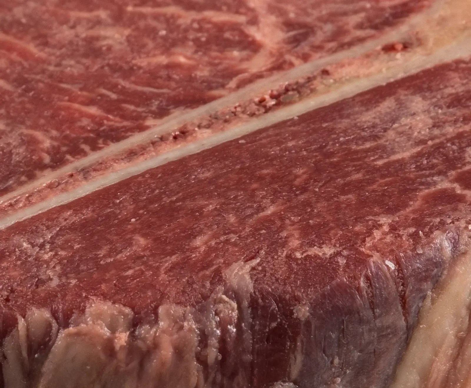 Makroaufnahme eines rohen T-Bone-Steaks, das den Knochen und die feine Textur des roten Fleisches mit leichter Marmorierung zeigt.