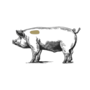 Stilisierte, pixelige Silhouette eines Wildschweins mit hellem, ovalem Fleck auf dem Rücken, auf dunkelgrünem Hintergrund.