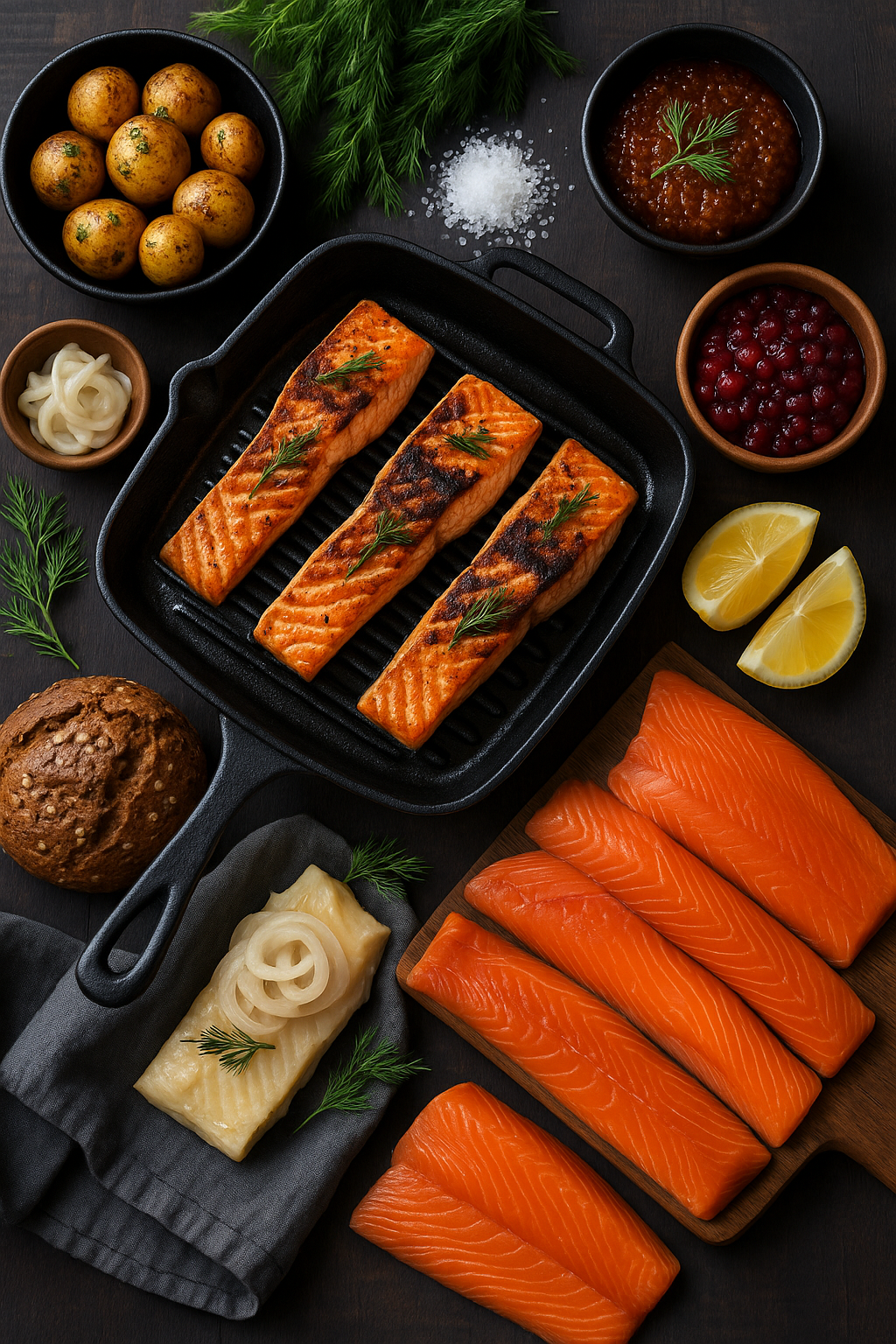 Eine Draufsicht auf eine Mahlzeit mit gegrilltem Lachs in einer Pfanne, rohem Lachs, Kartoffeln, Saucen, Zitrone, Brot und eingelegtem Fisch auf dunklem Holzhintergrund.
