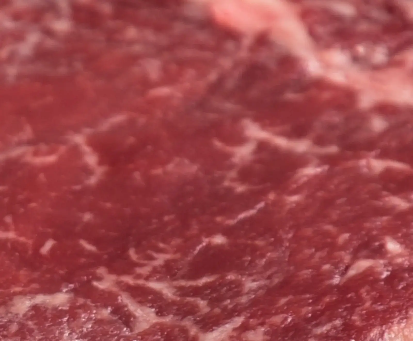 Nahaufnahme von rotem Rindfleisch mit ausgeprägter weißer Marmorierung, die die Textur und hohe Qualität des Fleisches zeigt.