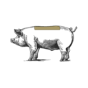 Stilisierte, dunkle Silhouette eines Schweins mit einem hellbraunen Tragegriff auf dem Rücken, vor dunkelgrünem Hintergrund.