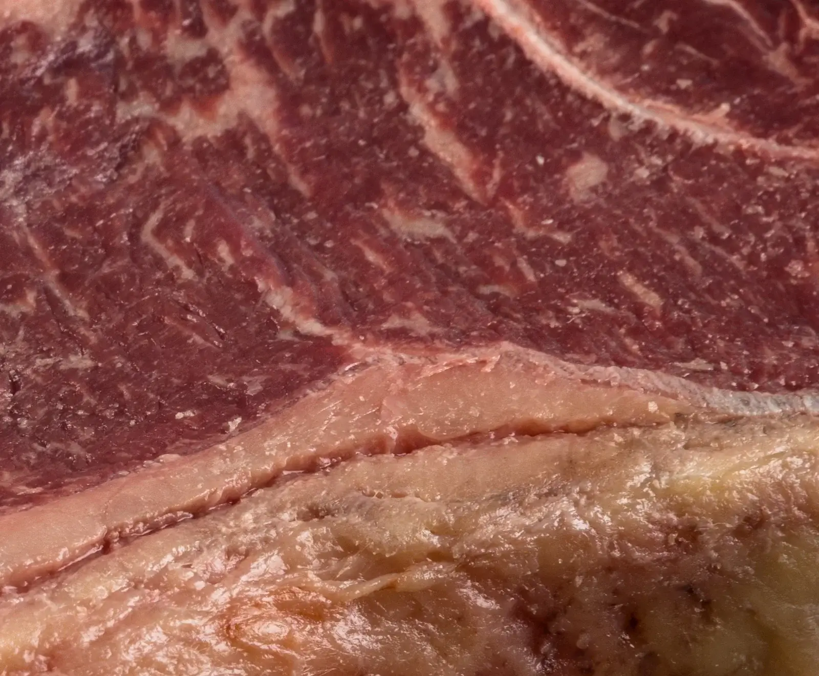 Nahaufnahme von rohem Rindfleisch. Der obere Bereich zeigt dunkelrotes Muskelfleisch mit feiner weißer Fettmarmorierung. Unten ist eine dickere, gelblich-rosa Fettschicht zu sehen.