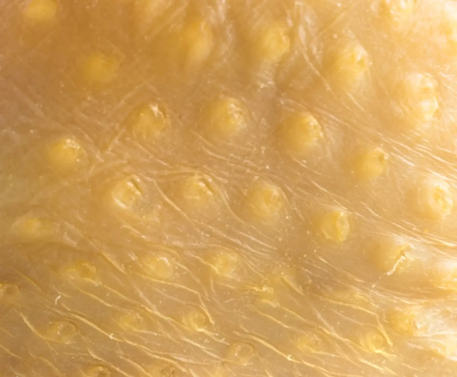 Eine extreme Nahaufnahme von roher Hühnerhaut, die eine gelblich-beige Farbe aufweist. Deutlich sichtbar sind die erhabenen Federfollikel und feine, netzartige Hautstrukturen.