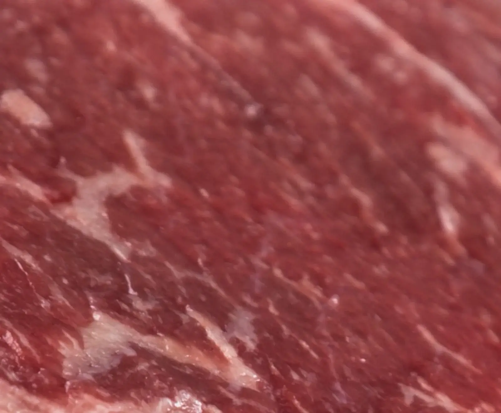 Nahaufnahme von rotem Rindfleisch mit deutlicher weißer Marmorierung, die die Textur des Fleisches zeigt.