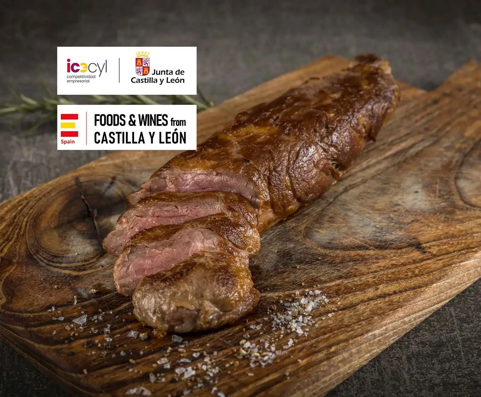 Ein saftiges, gebratenes Stück Fleisch, teilweise in Scheiben geschnitten mit rosa Kern, liegt auf einem rustikalen Holzbrett, bestreut mit grobem Salz. Oben links Logos von 'Junta de Castilla y León' und 'Foods & Wines from Castilla y León'.