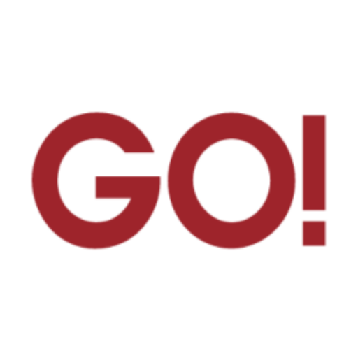 Rotes "GO!" Logo mit Ausrufezeichen auf weißem Hintergrund