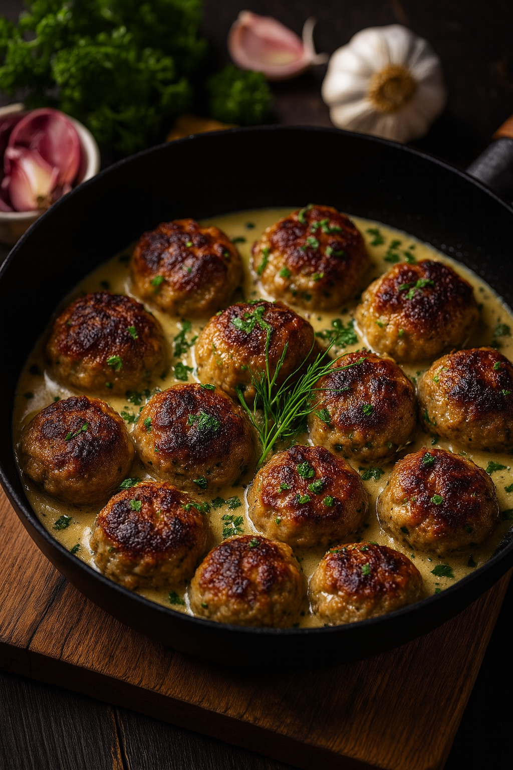 Eine schwarze Pfanne gefüllt mit goldbraunen Fleischbällchen in cremiger Sauce, garniert mit frischen Kräutern und einem Dillzweig, auf einem Holzbrett. Im Hintergrund sind Knoblauch und Petersilie unscharf zu sehen.
