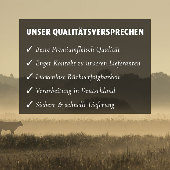 Eine Weide mit einer Kuh als Hintergrund davor werden die Qualitätsversprechen aufgezählt-.