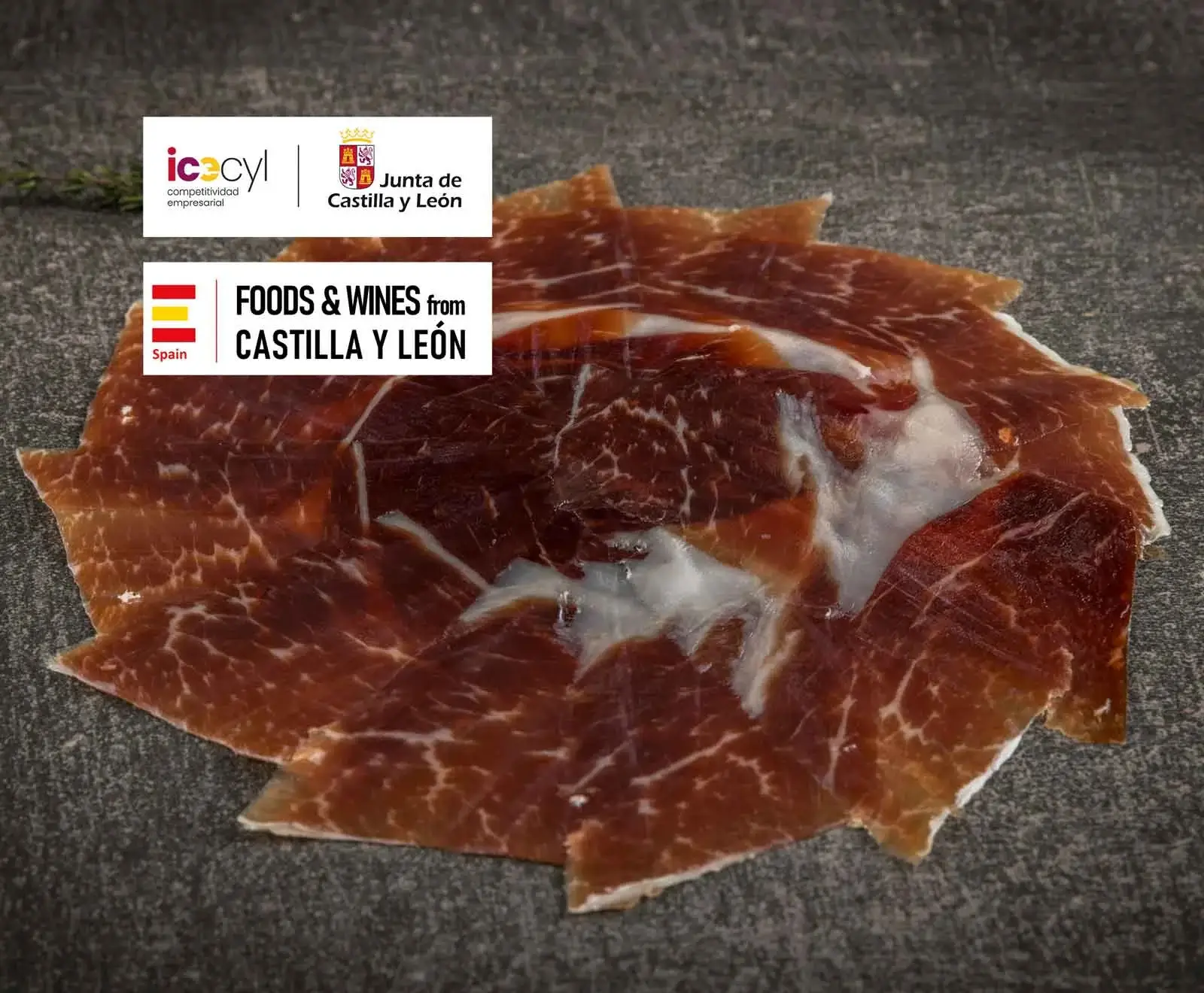 Dünn geschnittener, marmorierter Schinken auf dunklem Untergrund, beworben von "Foods & Wines from Castilla y León" und "Junta de Castilla y León".
