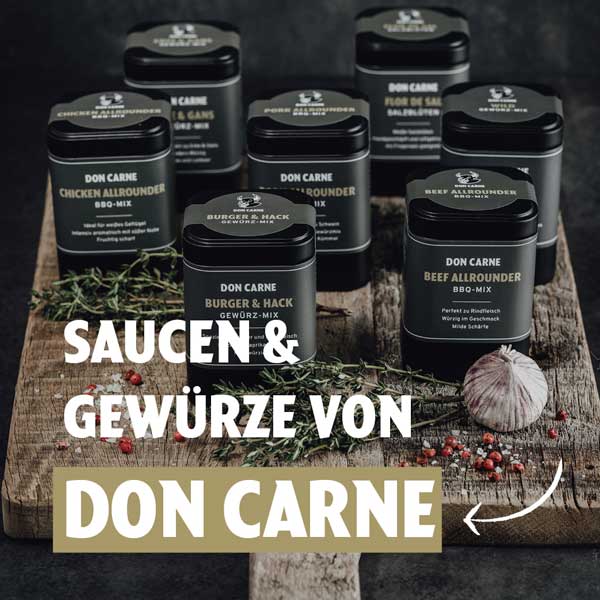 Tolle Don Carne Gewürze auf einem Brettchen stehend.