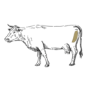 Eine stilisierte, pixelige Zeichnung einer Kuh im Profil, dunkelgrau mit hellbraunen Akzenten, auf dunkelgrünem Hintergrund.