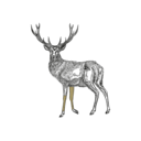 Pixelkunst-Darstellung eines schwarzen Hirsch-Schattenbildes mit großem Geweih und hellbraunen Vorderbeinen, stehend auf einem dunkelgrünen Hintergrund.