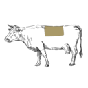 Eine schwarze Silhouette einer Kuh auf dunkelgrünem Hintergrund, mit einem hellbraunen Rechteck, das den Lenden- oder Rückenbereich des Tieres hervorhebt.