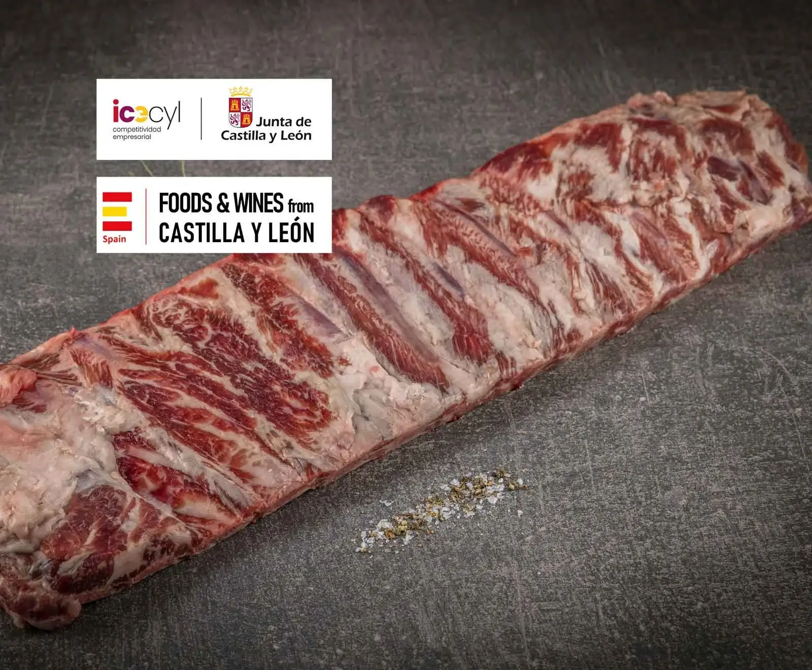Ein großes Stück roher Rinderrippen mit ausgeprägter Marmorierung liegt auf dunklem Untergrund, daneben eine Prise Salz und Pfeffer. Oben links sind Logos von ICECYL, Junta de Castilla y León und Foods & Wines from Castilla y León zu sehen.
