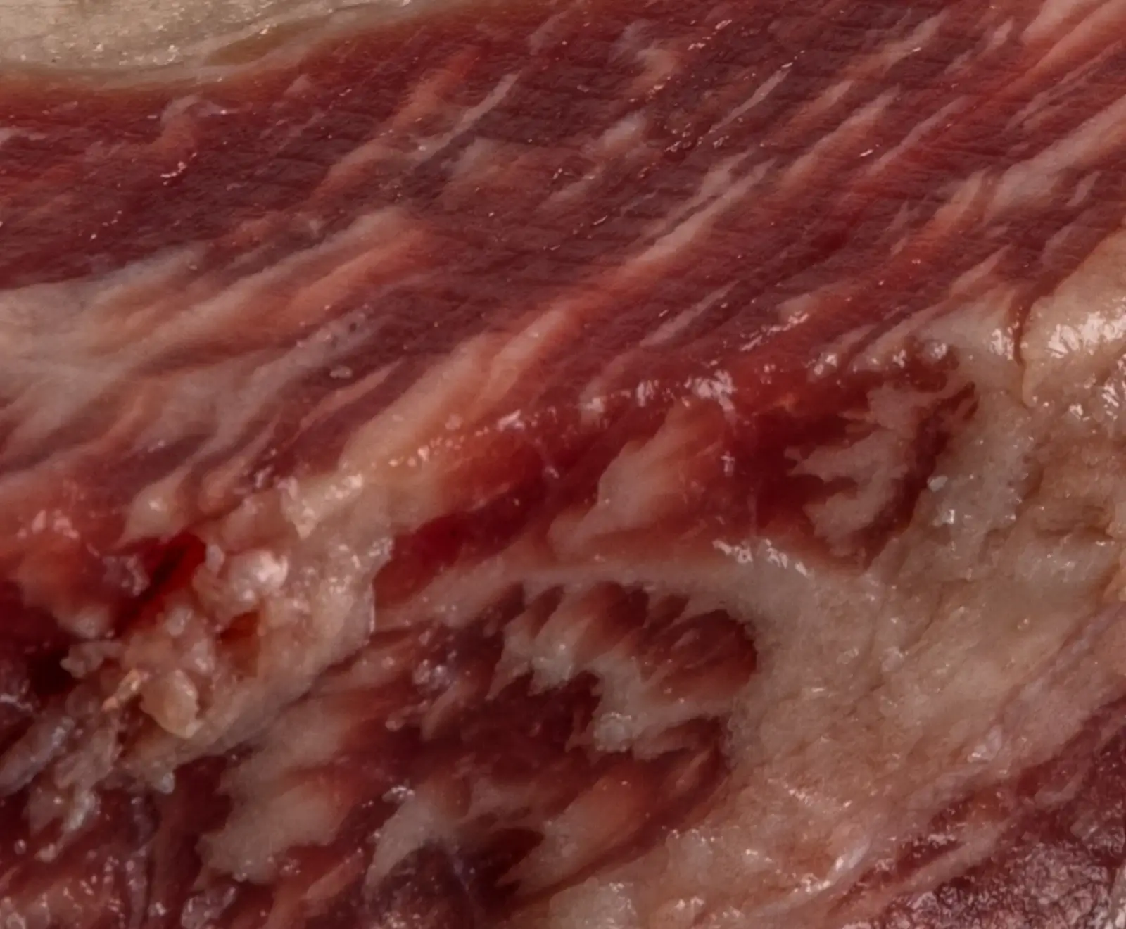 Nahaufnahme von rotem Fleisch mit ausgeprägter weißer Fettmarmorierung und sichtbaren Muskelfasern, die eine komplexe, faserige Textur bilden.